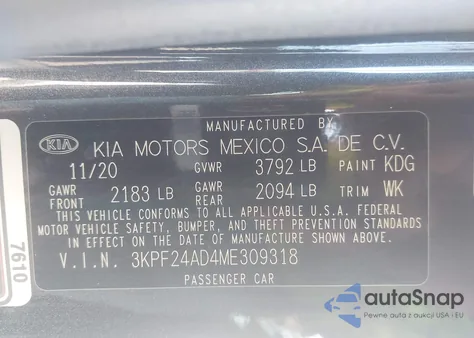 2021 Kia Forte Lxs из США, поврежденный, VIN 3KPF24AD4ME309318